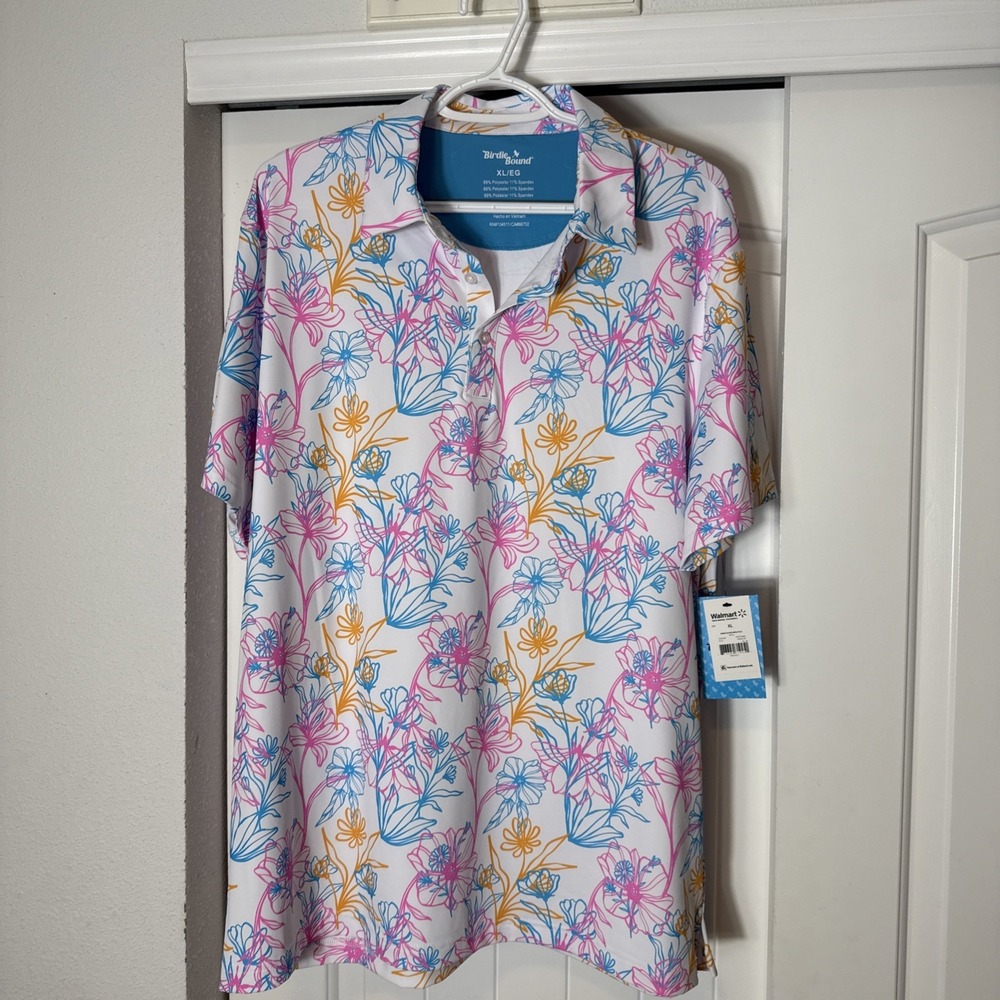 Birdie Bound Men's XL Hawaiian Golf Polo Shirt Floral Stretch UPF All Over Print